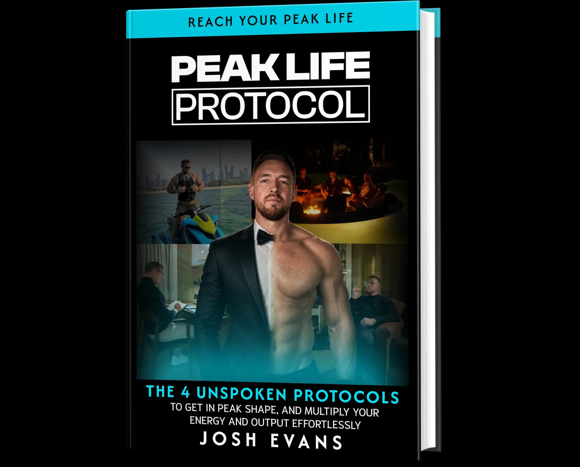 The free guide “Peak Life Protocol” by Josh Evans, shown as a standing hardback