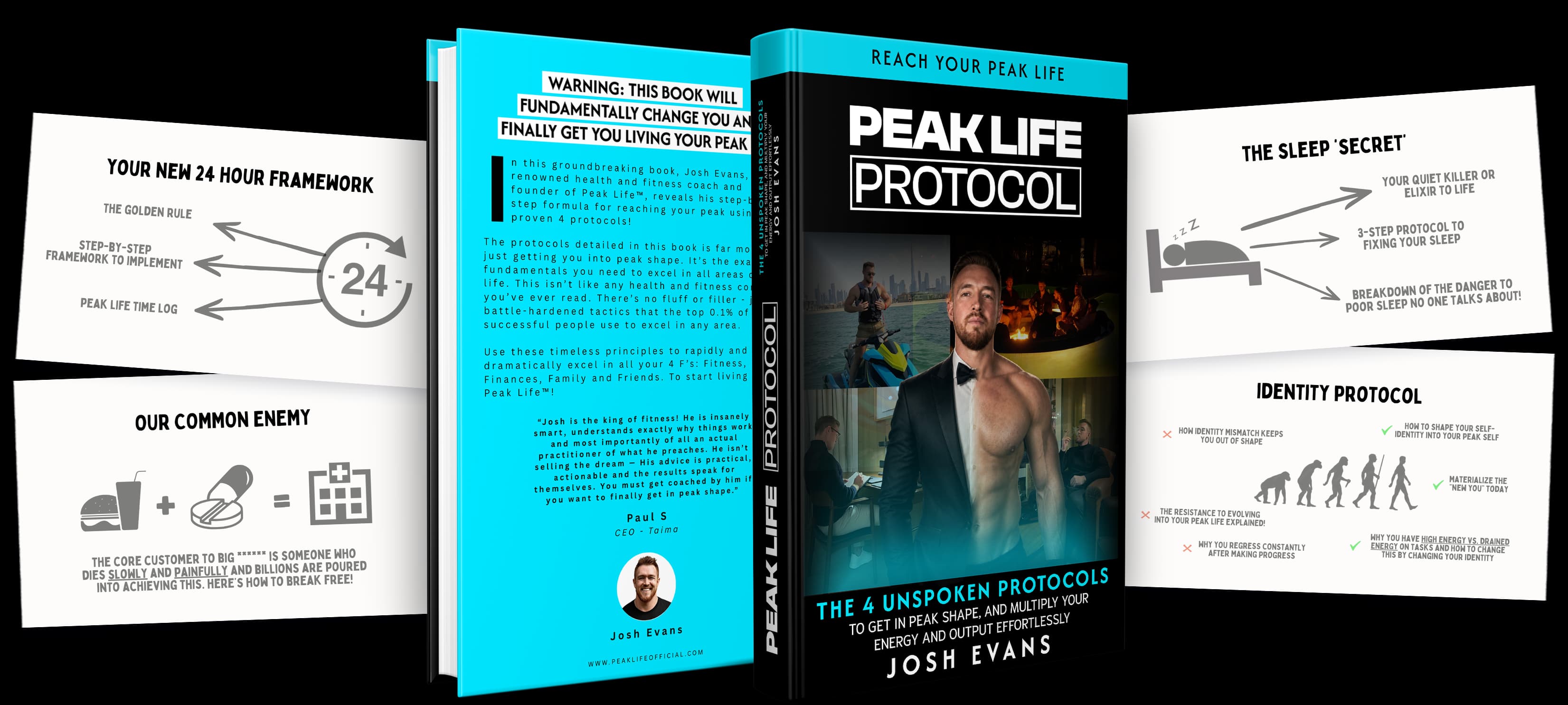 The free guide “Peak Life Protocol” by Josh Evans, shown open with sample pages